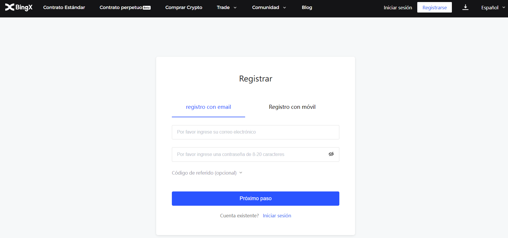 Registro en la plataforma de comercio de derivados BingX Registro en la plataforma de comercio de derivados BingX