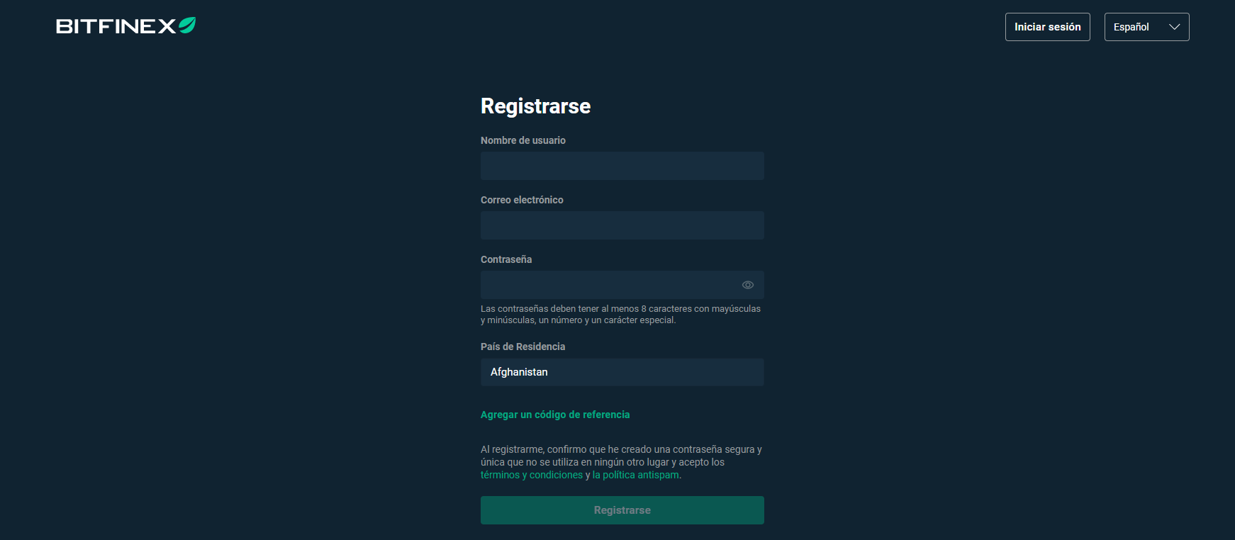 El registro en la plataforma Bitfinex El registro en la plataforma Bitfinex