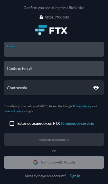 Registro en la plataforma de negociación de derivados FTX Registro en la plataforma de negociación de derivados FTX
